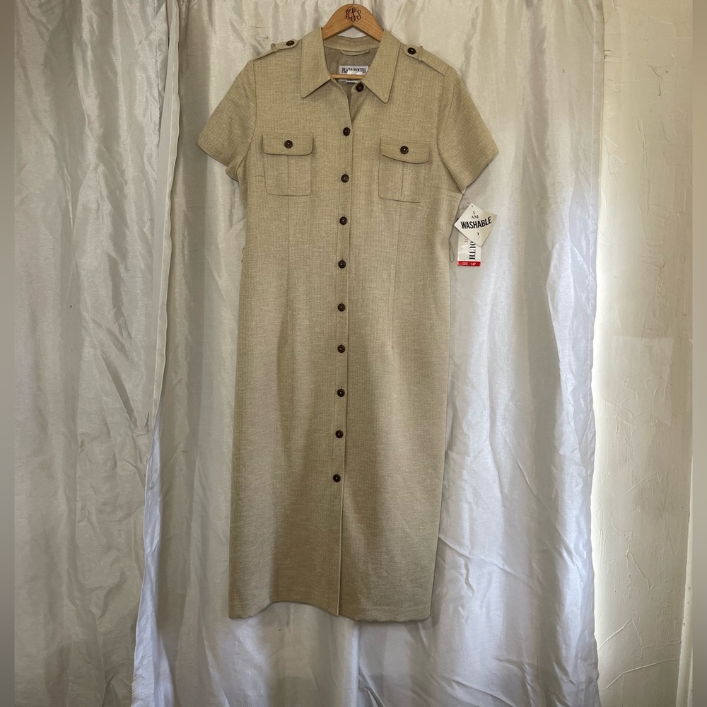 NWT Professional Tan Cream Short Sleeve Button Down Maxi Safari Shirt Dress